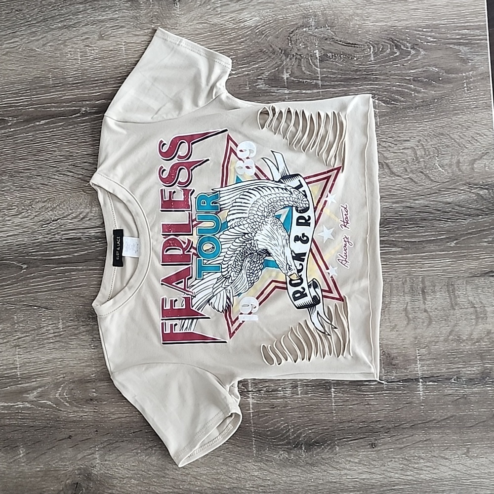 Ruby & Lace Fearless Tour Rock & Roll Shredded Crop Graphic Baby Tee Small
